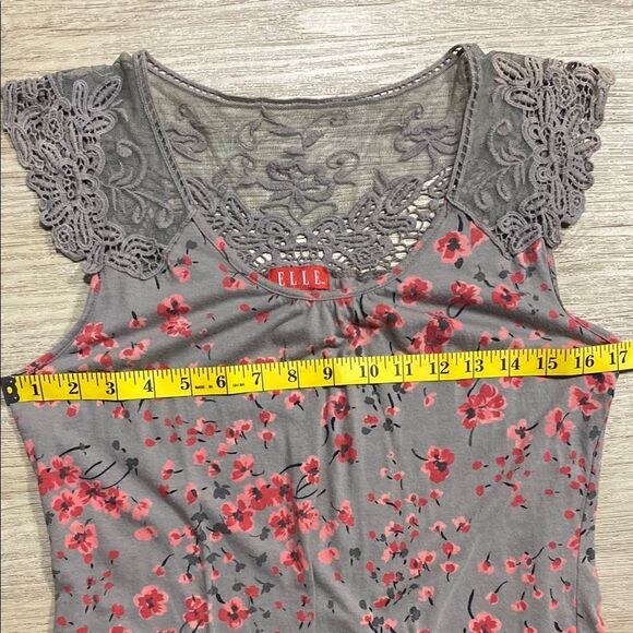 ELLE Gray Floral Lace Yoke Cap Sleeve Top S Pima Cotton Modal - Picture 8 of 10